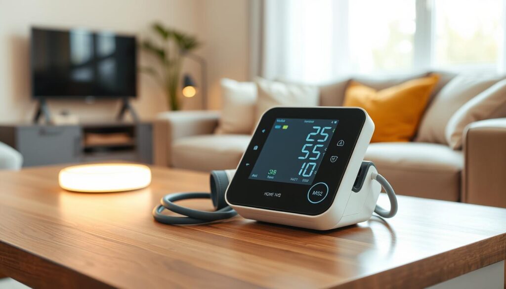 A modern blood pressure monitoring device prominently displayed on a sleek, contemporary wooden table. The device features a digital screen showing fluctuating blood pressure readings, accompanied by a marked inflatable cuff elegantly coiled beside it. In the background, a soft-focus home hub glows gently, indicating connectivity, set against a warm, inviting living room with subtle pastel walls. Natural sunlight filters through a nearby window, creating a tranquil, health-focused atmosphere. The image is captured from a slightly elevated angle to emphasize the device, using a soft-focus lens to create a gentle bokeh effect in the background, enhancing the device's importance. The overall mood conveys calmness and reliability in personal health monitoring.