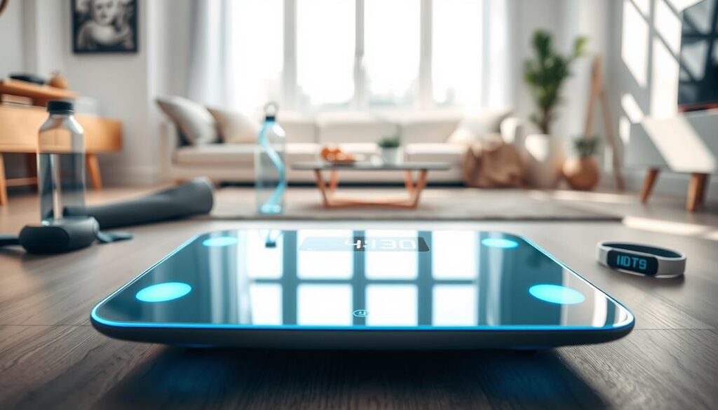 A modern connected fitness scale stands prominently in the foreground, showcasing a sleek, glass surface and an illuminated digital display. The scale is surrounded by items such as a yoga mat, a water bottle, and a fitness tracker, hinting at an active lifestyle. In the middle ground, a light-filled, contemporary living space is visible with neutral colors and minimalistic decor to emphasize a serene environment focused on health. In the background, a large window reveals a bright, sunny day, casting soft shadows and creating a positive atmosphere. The lighting is bright and even, enhancing the details of the scale and its digital interface. The overall mood is encouraging and motivational, reflecting a commitment to wellness and the advancement of technology in fitness monitoring.