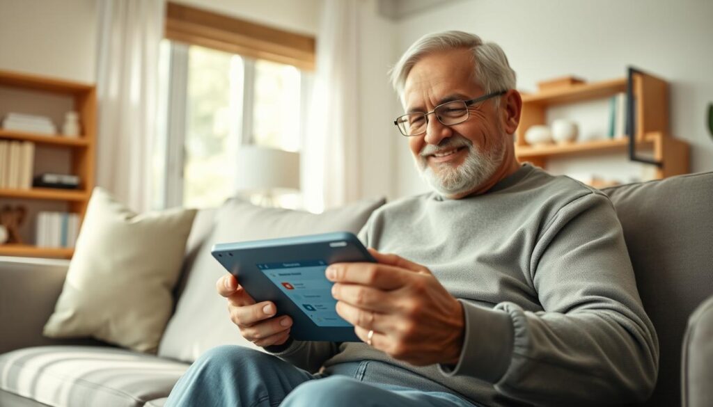 A modern digital health technology scene depicting a senior using a tablet or smartphone to manage medication, sitting in a cozy, well-lit living room. In the foreground, focus on the device displaying a colorful, user-friendly app interface with reminders for medication schedules. In the middle, include the senior, dressed in modest casual clothing, with a gentle smile, engaging with the technology. Background elements feature a comfortable couch, a shelf with health books, and soft, natural light streaming through the window, creating a warm atmosphere. The image should evoke a sense of empowerment and tranquility, highlighting the positive impact of technology on medication management for seniors, captured from a slightly elevated angle to emphasize the interaction.