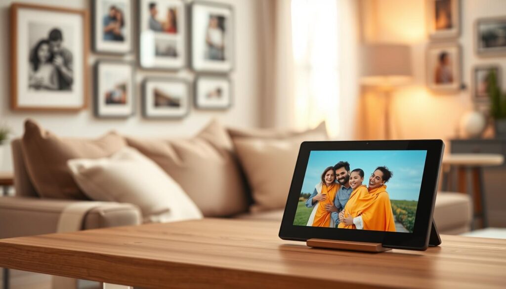 A modern digital photo frame displayed prominently on a stylish wooden shelf in a cozy living room. In the foreground, the sleek, high-resolution screen showcases vibrant family photos, capturing joyful moments. The middle ground features a comfortable sofa with soft throw pillows, invitingly arranged for relaxation. Warm, natural light filters through a nearby window, creating a soft and welcoming atmosphere. In the background, a tastefully decorated wall with framed pictures complements the digital frame, enhancing the feeling of nostalgia and connection. A subtle bokeh effect adds depth to the scene, suggesting warmth and familial bonds. The image should evoke a sense of togetherness and modern technology seamlessly blending with home life.