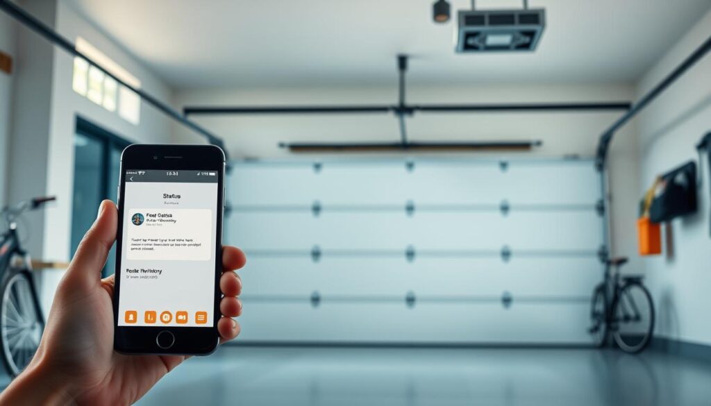 A modern garage interior with a sleek, contemporary style, featuring a closed garage door equipped with smart technology. In the foreground, a smartphone with a user-friendly app interface displaying real-time notifications about the garage door status. The middle section shows a subtle hint of the garage’s organized space, including tools and a bicycle in the background. Soft, natural lighting streams in from a nearby window, illuminating the clean lines and vibrant colors of the garage. The atmosphere is calm and secure, reflecting the peace of mind that comes with remote monitoring. Captured at a slight angle to emphasize both the smartphone and the garage door, creating an inviting and tech-savvy ambiance. A modern garage interior with a sleek, contemporary style, featuring a closed garage door equipped with smart technology. In the foreground, a smartphone with a user-friendly app interface displaying real-time notifications about the garage door status. The middle section shows a subtle hint of the garage’s organized space, including tools and a bicycle in the background. Soft, natural lighting streams in from a nearby window, illuminating the clean lines and vibrant colors of the garage. The atmosphere is calm and secure, reflecting the peace of mind that comes with remote monitoring. Captured at a slight angle to emphasize both the smartphone and the garage door, creating an inviting and tech-savvy ambiance.