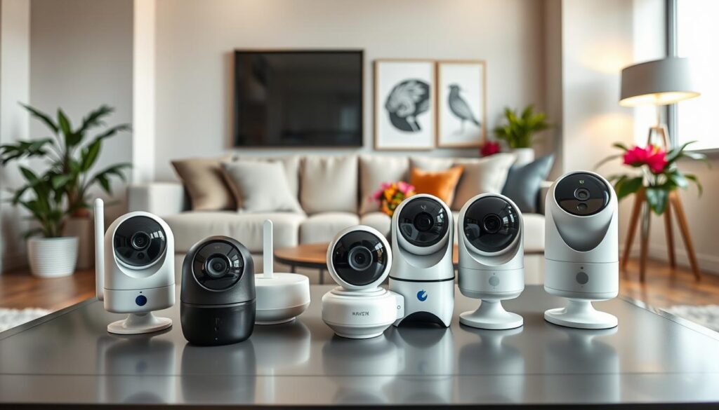 A modern home interior showcasing a stylish living room setup with a range of indoor smart cameras displayed on a sleek coffee table. Foreground features the cameras in close-up, highlighting their various designs and features, such as lens sizes and mounting options. The middle ground includes a cozy couch and vibrant decorative plants, creating a welcoming atmosphere. The background shows elegant wall art and soft ambient lighting, suggesting a safe and tech-savvy environment. The overall mood is bright and inviting, emphasizing the importance of choosing the right smart camera for home security. The scene captures a professional and polished look that resonates with modern living spaces. A modern home interior showcasing a stylish living room setup with a range of indoor smart cameras displayed on a sleek coffee table. Foreground features the cameras in close-up, highlighting their various designs and features, such as lens sizes and mounting options. The middle ground includes a cozy couch and vibrant decorative plants, creating a welcoming atmosphere. The background shows elegant wall art and soft ambient lighting, suggesting a safe and tech-savvy environment. The overall mood is bright and inviting, emphasizing the importance of choosing the right smart camera for home security. The scene captures a professional and polished look that resonates with modern living spaces.