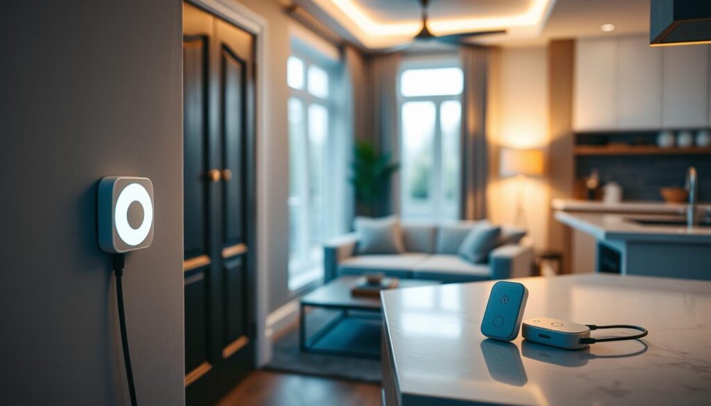 A modern home interior showcasing strategic placement of both wired and wireless panic buttons. In the foreground, a sleek panic button mounted near a front door on a stylish wall. In the middle, a living room with a wireless panic button on a coffee table, blending seamlessly with minimalistic décor. The background features a kitchen area with a wired panic button discreetly integrated into a countertop. Soft, warm lighting illuminates the scene, creating an inviting yet secure atmosphere. The angle is slightly above eye level, capturing the arrangement of the buttons in relation to the home environment. The mood evokes safety and preparedness.