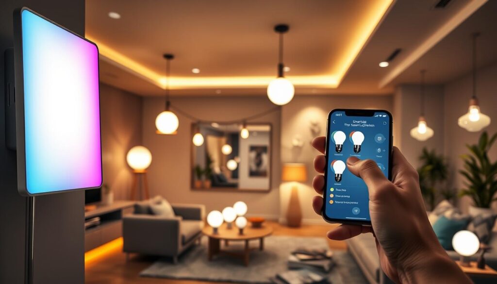 A modern home interior showcasing various types of smart lighting solutions. In the foreground, a sleek smart light panel with adjustable colors is illuminated, reflecting vibrant hues on the walls. The middle ground features a stylish living room with multiple smart bulbs embedded in pendant lights, floor lamps, and recessed ceiling fixtures, all set to different brightness levels. A smart device interface is displayed prominently, with a hand selecting options, emphasizing control. The background reveals a cozy atmosphere with warm ambient lighting. Soft shadows enhance depth, and the overall scene conveys innovation and comfort, illustrating the versatility of smart lighting systems in everyday life, captured with a wide-angle lens for immersive detail.