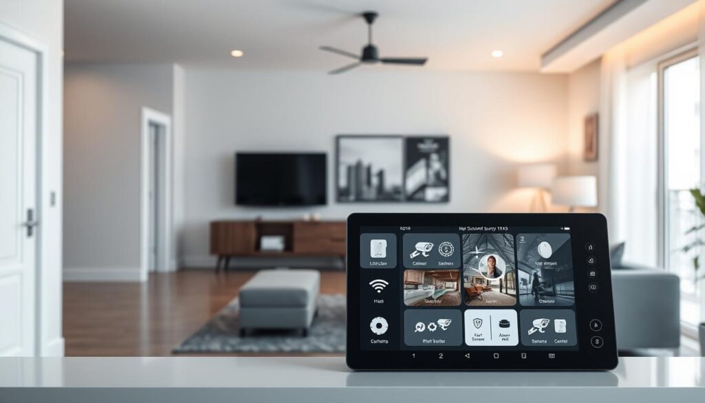 A modern integrated security platform displayed in a sleek, minimalist home interface. In the foreground, a large touchscreen panel shows various security features, including live camera feeds, alert notifications, and system controls. The middle ground features a well-furnished living room, highlighting smart devices like door sensors and surveillance cameras, seamlessly blending technology with comfort. In the background, a stylish home environment with soft, ambient lighting enhances the scene's calming atmosphere. The overall mood conveys a sense of safety and control, suitable for contemporary living. Use a wide-angle lens to capture depth and clarity, focusing on the home interface as the centerpiece, emphasizing its user-friendly design. A modern integrated security platform displayed in a sleek, minimalist home interface. In the foreground, a large touchscreen panel shows various security features, including live camera feeds, alert notifications, and system controls. The middle ground features a well-furnished living room, highlighting smart devices like door sensors and surveillance cameras, seamlessly blending technology with comfort. In the background, a stylish home environment with soft, ambient lighting enhances the scene's calming atmosphere. The overall mood conveys a sense of safety and control, suitable for contemporary living. Use a wide-angle lens to capture depth and clarity, focusing on the home interface as the centerpiece, emphasizing its user-friendly design.