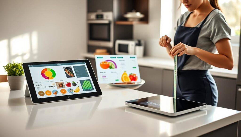 A modern kitchen environment featuring a sleek countertop with an advanced smart scale and a digital tablet displaying a colorful nutritional dashboard. In the foreground, a person in neat casual clothing is carefully measuring food items like fruits and vegetables, showcasing attention to nutritional details. The middle section includes close-ups of the scale indicating calorie and nutrient information, with labels carefully visible. Soft natural lighting filters through a window, creating a warm, inviting atmosphere. In the background, kitchen appliances are stylishly arranged, adding to the contemporary feel. The focus is on the concept of monitoring nutritional intake, emphasizing technology's role in healthy eating, without any text or distractions. A modern kitchen environment featuring a sleek countertop with an advanced smart scale and a digital tablet displaying a colorful nutritional dashboard. In the foreground, a person in neat casual clothing is carefully measuring food items like fruits and vegetables, showcasing attention to nutritional details. The middle section includes close-ups of the scale indicating calorie and nutrient information, with labels carefully visible. Soft natural lighting filters through a window, creating a warm, inviting atmosphere. In the background, kitchen appliances are stylishly arranged, adding to the contemporary feel. The focus is on the concept of monitoring nutritional intake, emphasizing technology's role in healthy eating, without any text or distractions.