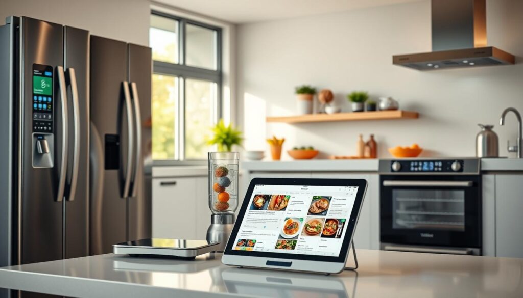A modern kitchen scene showcasing an array of innovative smart kitchen devices. In the foreground, a sleek smart refrigerator with a touchscreen interface displays nutritional information. Next to it, a high-tech smart scale and an app-connected blender highlight modern technology. The middle ground features a smart oven with clear digital controls and a tablet mounted on a kitchen island displaying detailed recipes and meal plans. In the background, soft, natural lighting from large windows fills the space, creating a warm and inviting atmosphere. The kitchen is clean and organized, enhancing the feel of a functional yet aesthetically pleasing environment. The overall mood is one of efficiency and sophistication, ideal for those embracing a tech-savvy lifestyle to improve their dietary habits. A modern kitchen scene showcasing an array of innovative smart kitchen devices. In the foreground, a sleek smart refrigerator with a touchscreen interface displays nutritional information. Next to it, a high-tech smart scale and an app-connected blender highlight modern technology. The middle ground features a smart oven with clear digital controls and a tablet mounted on a kitchen island displaying detailed recipes and meal plans. In the background, soft, natural lighting from large windows fills the space, creating a warm and inviting atmosphere. The kitchen is clean and organized, enhancing the feel of a functional yet aesthetically pleasing environment. The overall mood is one of efficiency and sophistication, ideal for those embracing a tech-savvy lifestyle to improve their dietary habits.