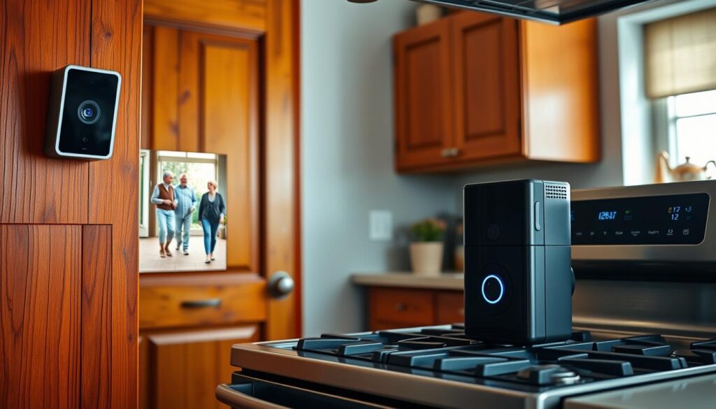 A modern kitchen setting designed for senior living, featuring an automatic stove shut-off system prominently displayed. In the foreground, a sleek video doorbell mounted on a vibrant, aged wooden door, capturing footage of a friendly, well-dressed senior couple engaging in conversation outside, dressed in modest, casual clothing. The middle-ground shows the stove equipped with a digital control panel, emitting a soft glow, indicating its functionality. The background is filled with warm, inviting kitchen elements, such as cabinets and cozy decor. Soft natural lighting filters in through a nearby window, creating a safe and secure atmosphere, highlighting the importance of surveillance in preventing potential dangers. The composition should evoke a sense of safety, community, and innovation in home technology.