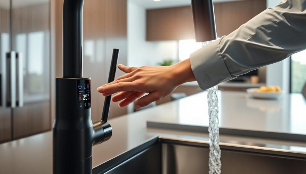 A modern kitchen setting showcasing an anti-scald smart faucet in operation. In the foreground, the sleek faucet features touch controls with an illuminated digital display, showcasing water temperature adjustments. In the middle, a focused shot captures a hand adjusting the faucet, dressed in professional attire, displaying the ease of use and safety features. In the background, a stylish sink and kitchen island are softly lit by natural sunlight coming through a window, creating a warm and inviting atmosphere. The overall mood conveys innovation and safety, highlighting this advanced technology’s role in preventing burn injuries. Use a perspective that emphasizes the faucet’s functionalities while ensuring the composition remains clean and professional. A modern kitchen setting showcasing an anti-scald smart faucet in operation. In the foreground, the sleek faucet features touch controls with an illuminated digital display, showcasing water temperature adjustments. In the middle, a focused shot captures a hand adjusting the faucet, dressed in professional attire, displaying the ease of use and safety features. In the background, a stylish sink and kitchen island are softly lit by natural sunlight coming through a window, creating a warm and inviting atmosphere. The overall mood conveys innovation and safety, highlighting this advanced technology’s role in preventing burn injuries. Use a perspective that emphasizes the faucet’s functionalities while ensuring the composition remains clean and professional.