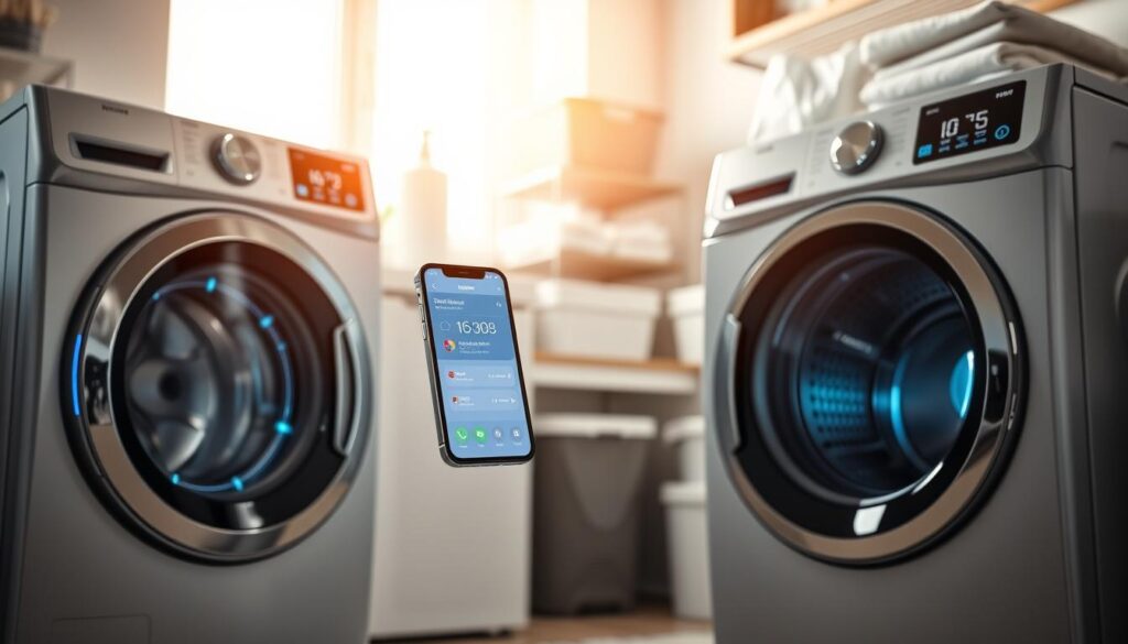 A modern laundry room showcasing advanced automation technology. In the foreground, a sleek, high-tech washing machine and dryer are prominently displayed, with digital interfaces glowing softly. The middle ground features a user-friendly smartphone app open, displaying alerts and notifications for laundry status, set against a backdrop of organized laundry supplies. The background reveals a bright, airy space with soft natural light streaming through a window, emphasizing cleanliness and efficiency. The atmosphere is inviting and innovative, inspiring a sense of convenience and modern living. The image should be shot from a slightly elevated angle to capture the functionality and design of the appliances, creating a sense of depth and focus.