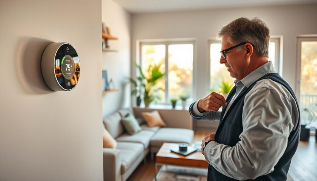 A modern living room featuring a sleek smart thermostat prominently displayed on a wall, with its glowing interface indicating optimal room temperatures. In the foreground, a focused middle-aged professional, wearing smart casual attire, is adjusting the thermostat, demonstrating engagement with technology. The middle ground showcases a cozy sofa and a stylish coffee table with temperature-related gadgets scattered on it, like a digital thermometer and a small fan. The background reveals large windows letting in warm sunlight, highlighting a well-kept indoor garden. Soft, natural lighting casts gentle shadows, creating an inviting atmosphere that emphasizes comfort and control over heating. The overall mood is one of modern convenience and warmth, underscoring the safety and effectiveness of smart home technology.