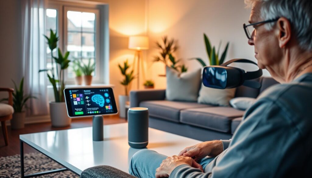 A modern living room featuring a variety of cognitive stimulation technology in use. In the foreground, an elderly person wearing casual clothing is engaged with a tablet that displays a vibrant brain-training game. In the middle, a smart speaker and a virtual reality headset are visible on a sleek coffee table, suggesting interaction with different forms of cognitive apps. The background shows a cozy ambient light from a window, casting a warm glow on the walls, enhanced by potted plants that add a touch of nature. The scene conveys a mood of engagement and curiosity, emphasizing the role of technology in maintaining cognitive function. Shot from a slightly elevated angle to capture the interaction and details of the environment. A modern living room featuring a variety of cognitive stimulation technology in use. In the foreground, an elderly person wearing casual clothing is engaged with a tablet that displays a vibrant brain-training game. In the middle, a smart speaker and a virtual reality headset are visible on a sleek coffee table, suggesting interaction with different forms of cognitive apps. The background shows a cozy ambient light from a window, casting a warm glow on the walls, enhanced by potted plants that add a touch of nature. The scene conveys a mood of engagement and curiosity, emphasizing the role of technology in maintaining cognitive function. Shot from a slightly elevated angle to capture the interaction and details of the environment.