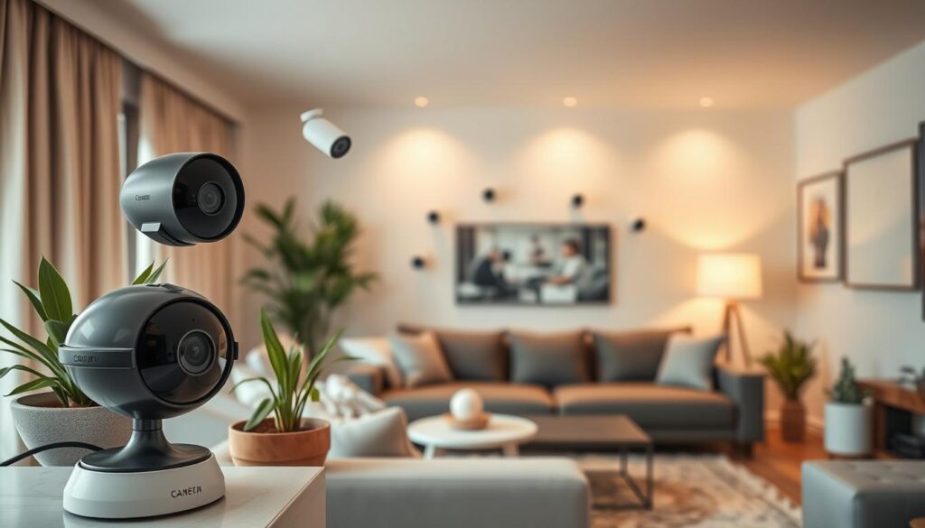 A modern living room featuring multiple indoor security cameras strategically positioned in various angles, showcasing sleek designs that blend seamlessly with the decor. In the foreground, a high-tech camera on a shelf next to a potted plant, capturing the cozy ambiance of the room. In the middle, an array of cameras mounted on walls, emphasizing their unobtrusiveness while maintaining vigilance over the space. The background is adorned with soft lighting, casting a warm glow that enhances the comforting feel of a safe home environment. A subtle hint of technology is present without overwhelming the scene, creating a balance between security and tranquility, ideal for seniors. The mood is calm and secure, highlighting the importance of safety measures.