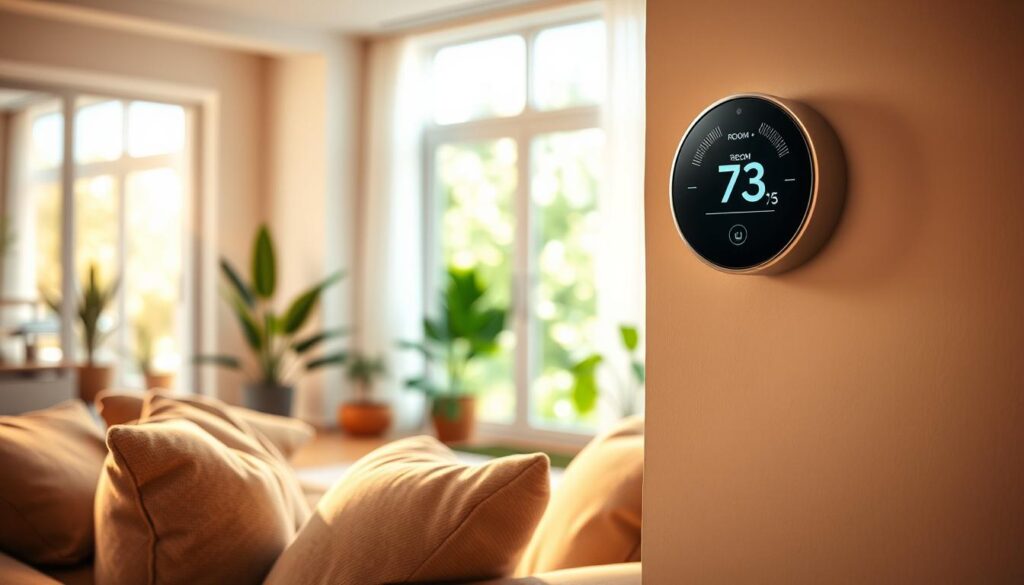 A modern living room interior featuring a smart thermostat prominently displayed on the wall, with a digital screen showcasing the current room temperature. In the foreground, a comfortable couch adorned with soft pillows invites relaxation. In the middle ground, a sunlit window reveals greenery outside, enhancing the sense of a cozy, regulated environment. The background includes shelves with plants and books, emphasizing the homey atmosphere. The lighting is warm and inviting, creating a tranquil mood. The angle captures the room's layout, focusing on the harmonious blend of technology and comfort. The overall scene highlights the importance of maintaining an optimal temperature for well-being and efficiency in the home.