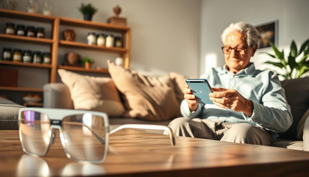 A modern living room scene showcasing advanced vision assistance technology. In the foreground, a sleek, smart device resembling augmented reality glasses is displayed on a coffee table, glinting softly under bright, natural light. In the middle, an elderly person in modest casual clothing is interacting with a smartphone that highlights object recognition features, looking engaged and curious. The background features a well-lit, cozy living room with bookshelves filled with labeled jars and a few potted plants, creating a warm atmosphere. Soft shadows and gentle light add a serene ambiance, emphasizing the idea of comfort and support provided by the technology. The overall mood conveys empowerment and ease of use, illustrating the helpfulness of vision assistance tools for seniors.