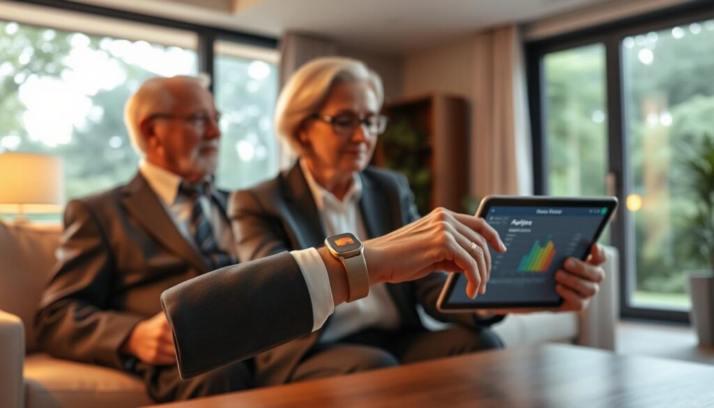 A modern living room setting featuring a senior man and woman in professional attire actively engaged with posture monitoring technology. In the foreground, vivid details show a sleek wearable device on the woman's wrist, with glowing indicators reflecting its functionality. The middle ground highlights a tablet displaying a user-friendly interface with posture analytics. Soft, warm lighting illuminates the scene, creating a welcoming atmosphere that emphasizes the importance of posture for seniors. In the background, a large window reveals a tranquil garden, enhancing the serene mood. The image is captured from a slightly elevated angle, showcasing the interaction between the seniors and the technology while conveying a sense of care and well-being. A modern living room setting featuring a senior man and woman in professional attire actively engaged with posture monitoring technology. In the foreground, vivid details show a sleek wearable device on the woman's wrist, with glowing indicators reflecting its functionality. The middle ground highlights a tablet displaying a user-friendly interface with posture analytics. Soft, warm lighting illuminates the scene, creating a welcoming atmosphere that emphasizes the importance of posture for seniors. In the background, a large window reveals a tranquil garden, enhancing the serene mood. The image is captured from a slightly elevated angle, showcasing the interaction between the seniors and the technology while conveying a sense of care and well-being.