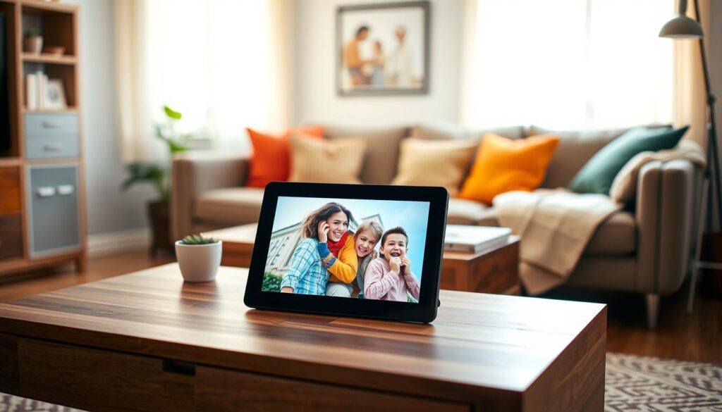 A modern living room showcasing a sleek digital photo frame on a stylish wooden coffee table in the foreground, displaying vibrant family photos. In the middle, a cozy sofa adorned with colorful cushions, and a small potted plant nearby. The background features a bright, inviting window with soft, natural light streaming in, creating a warm atmosphere. The scene is captured with a slight depth of field, utilizing a 50mm lens to focus on the smart display, while the background softly blurs. The mood is cheerful and intimate, reflecting a sense of connection and family bonding through technology. The overall color palette is warm with soft earthy tones, enhancing the inviting feel of the space.