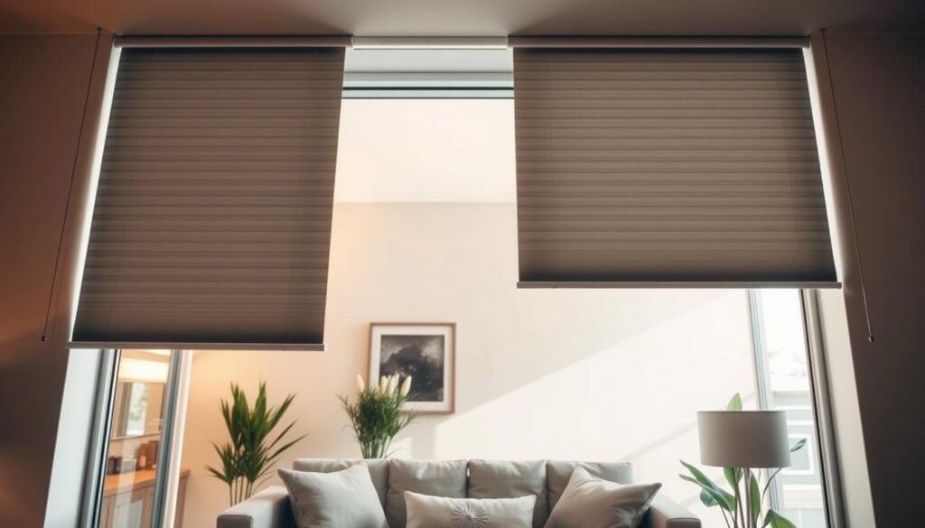 A modern living room showcasing motorized blinds installed over a tall, hard-to-reach window, highlighting their convenience and safety benefits. In the foreground, the sleek, stylish blinds are shown partially opened, allowing soft, diffused natural light to fill the space. In the middle, a cozy sofa with plush cushions and a decorative rug creates an inviting atmosphere. In the background, a muted wall color enhances the warmth of the room, complemented by potted plants. The scene is illuminated with gentle, warm lighting to evoke a sense of comfort and wellness. The angle captures the blinds' functionality from below, emphasizing their height and ease of use, creating a mood of safety and modern living.