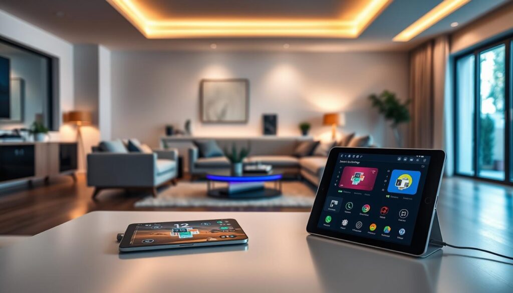 A modern living space featuring a smart lighting solution with sleek, adjustable LED fixtures. In the foreground, there's a minimalist coffee table with a tablet displaying a smart home app interface. The middle ground showcases an elegantly furnished living room, where soft, ambient lighting highlights the furniture and decor, creating a cozy atmosphere. The background reveals large windows with natural light filtering in, blending with the smart lighting's colorful LED accents that shift between warm and cool tones. The setting has a calm, inviting mood, suggesting efficiency and modern technology in home control. Capture this scene using a soft focus lens to emphasize warmth, with a balanced exposure that highlights both the natural and artificial light sources harmoniously.