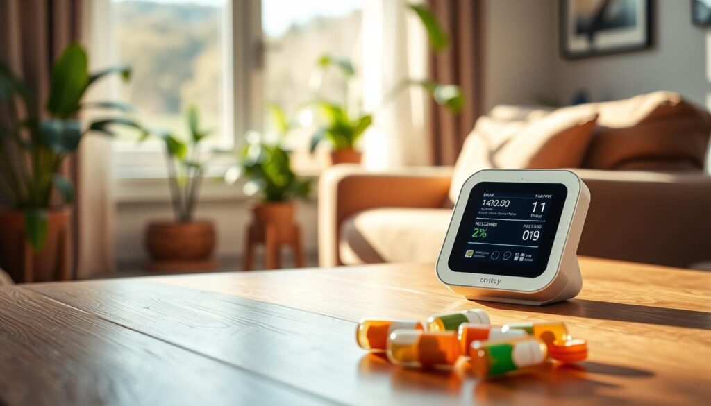 A modern medication tracker device sitting on a wooden table, showcasing a sleek, minimalist design with a digital screen displaying colorful notifications and pill reminders. In the foreground, there are a few neatly organized pill bottles, hinting at their contents through translucent labels. In the middle ground, soft natural light streams in from a nearby window, casting gentle shadows that enhance the device's contours. In the background, a cozy living room scene with green indoor plants and a comfortable armchair creates a warm, inviting atmosphere. The image conveys a sense of innovation and practicality, emphasizing how technology facilitates medication adherence for seniors. The focus is sharp on the device, creating an informative and inspirational mood without any text or distractions.