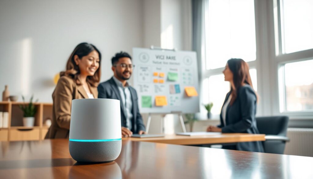 A modern, sleek home office setting featuring a friendly voice assistant device on a polished desk. In the foreground, the device is slightly angled towards the viewer with soft blue LED lights glowing. A diverse group of three professionals in business attire—a woman of Asian descent, a Black man, and a Latino woman—are attentively engaging with the device. In the middle ground, a whiteboard displays colorful, organized notes and diagrams about voice recognition capabilities. The background shows a well-lit room with large windows allowing natural light to flood in, casting soft shadows. The atmosphere is collaborative and focused, conveying a sense of innovation and technology. The image is bright and inviting, perfect for illustrating a section about understanding voice assistants. A modern, sleek home office setting featuring a friendly voice assistant device on a polished desk. In the foreground, the device is slightly angled towards the viewer with soft blue LED lights glowing. A diverse group of three professionals in business attire—a woman of Asian descent, a Black man, and a Latino woman—are attentively engaging with the device. In the middle ground, a whiteboard displays colorful, organized notes and diagrams about voice recognition capabilities. The background shows a well-lit room with large windows allowing natural light to flood in, casting soft shadows. The atmosphere is collaborative and focused, conveying a sense of innovation and technology. The image is bright and inviting, perfect for illustrating a section about understanding voice assistants.
