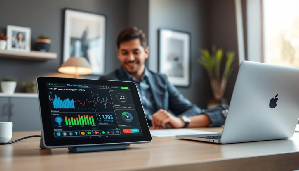 A modern, sleek home office setting focused on a digital tablet displaying blood pressure readings, integrated seamlessly with a smart home hub. In the foreground, a close-up view of the tablet shows colorful, interactive graphs and statistics representing blood pressure data in real-time. In the middle ground, a professional individual, dressed in smart casual attire, is engaged in using the tablet, with an expression of concentration and satisfaction. The background features a soft-focus view of stylish home decor and a window with natural light streaming in, creating a warm and inviting atmosphere. The overall mood is one of efficiency and health awareness, with a clean and organized aesthetic emphasizing the importance of technology in managing wellness.