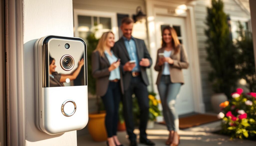 A modern smart doorbell being showcased on a stylish front porch. In the foreground, the sleek doorbell unit gleams with a high-tech design, incorporating a camera and a small LED light. The middle ground features a cheerful family, dressed in professional casual attire, using a smartphone to interact with the smart doorbell, showcasing ease of use. The background includes a beautifully landscaped yard with greenery, flowers, and a welcoming front door, bathed in warm, natural sunlight. Soft shadows enhance the inviting atmosphere, creating a sense of security and convenience. The angle captures the scene from slightly below eye level, giving prominence to the doorbell as the focal point. A modern smart doorbell being showcased on a stylish front porch. In the foreground, the sleek doorbell unit gleams with a high-tech design, incorporating a camera and a small LED light. The middle ground features a cheerful family, dressed in professional casual attire, using a smartphone to interact with the smart doorbell, showcasing ease of use. The background includes a beautifully landscaped yard with greenery, flowers, and a welcoming front door, bathed in warm, natural sunlight. Soft shadows enhance the inviting atmosphere, creating a sense of security and convenience. The angle captures the scene from slightly below eye level, giving prominence to the doorbell as the focal point.