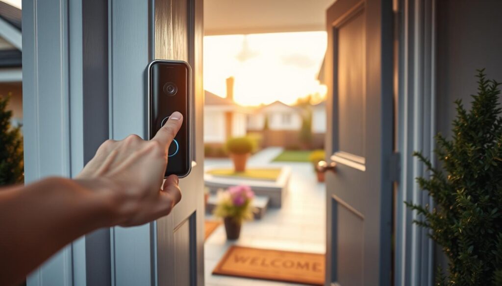 A modern smart doorbell installed on a stylish front door, showcasing its sleek design with a high-definition camera and a round notification button. In the foreground, a hand reaches out to press the doorbell, symbolizing user interaction. The middle ground features a well-maintained entrance with potted plants and a welcoming mat. The background includes a suburban neighborhood scene, bathed in soft afternoon light to create a warm, inviting atmosphere. Utilize a slightly tilted angle to emphasize the doorbell’s details against the home’s architecture. The overall mood should reflect safety, technology, and convenience, evoking a sense of modern living. No people are included in the image to maintain focus on the smart doorbell itself. A modern smart doorbell installed on a stylish front door, showcasing its sleek design with a high-definition camera and a round notification button. In the foreground, a hand reaches out to press the doorbell, symbolizing user interaction. The middle ground features a well-maintained entrance with potted plants and a welcoming mat. The background includes a suburban neighborhood scene, bathed in soft afternoon light to create a warm, inviting atmosphere. Utilize a slightly tilted angle to emphasize the doorbell’s details against the home’s architecture. The overall mood should reflect safety, technology, and convenience, evoking a sense of modern living. No people are included in the image to maintain focus on the smart doorbell itself.