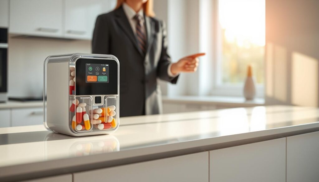 A modern smart medication dispenser elegantly placed on a sleek, minimalist countertop in a well-lit kitchen. The dispenser is designed with a translucent exterior showcasing color-coded compartments filled with various pills. In the foreground, a user, dressed in professional business attire, interacts with the touch screen interface, which displays a user-friendly interface with icons for medication reminders. In the middle ground, soft natural light pours in through a window, creating gentle shadows that enhance the sleek design of the dispenser. The background is blurred, hinting at a peaceful home environment, conveying an atmosphere of serenity and efficiency. The overall mood is optimistic and high-tech, emphasizing the role of automation in medication management.
