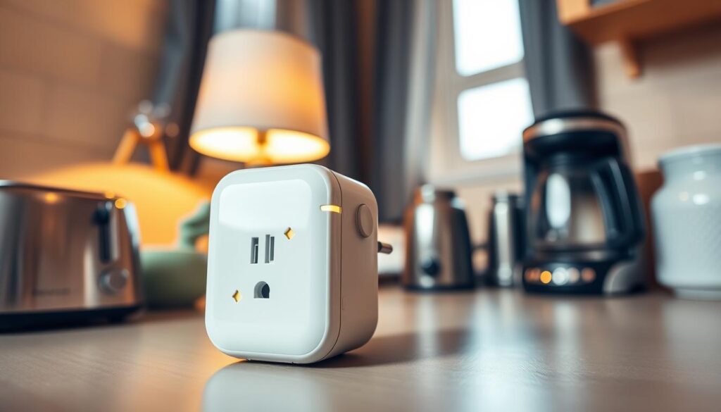 A modern smart plug prominently displayed in the foreground, with its sleek, compact design featuring a glossy white finish and subtle LED indicators. Surrounding the smart plug, an assortment of traditional appliances such as a toaster, lamp, and coffee maker, illustrating its versatility in transforming everyday devices into smart ones. The background includes a cozy kitchen setting, with warm, inviting lighting that highlights the functionality of the smart plug. The angle is a slightly elevated viewpoint, emphasizing the plug’s design while capturing the scene's homely atmosphere. Soft shadows add depth, creating a friendly and innovative mood, perfect for showcasing the concept of smart technology in everyday life.