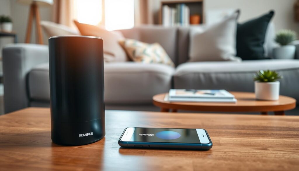 A modern smart speaker setup in a cozy living room. In the foreground, a sleek black smart speaker rests on a stylish wooden coffee table beside a smartphone displaying a reminder notification. The middle ground features a comfortable couch adorned with soft cushions, emphasizing a casual yet organized atmosphere. On a nearby shelf, display a few books and a small potted plant for a touch of greenery. The background includes a softly lit window revealing a sunny day outside, enhancing the inviting mood. Use warm, soft lighting to create a relaxed ambiance. Capture the image from a slightly elevated angle, focusing on the speaker and its surroundings, conveying the convenience of technology in daily life. A modern smart speaker setup in a cozy living room. In the foreground, a sleek black smart speaker rests on a stylish wooden coffee table beside a smartphone displaying a reminder notification. The middle ground features a comfortable couch adorned with soft cushions, emphasizing a casual yet organized atmosphere. On a nearby shelf, display a few books and a small potted plant for a touch of greenery. The background includes a softly lit window revealing a sunny day outside, enhancing the inviting mood. Use warm, soft lighting to create a relaxed ambiance. Capture the image from a slightly elevated angle, focusing on the speaker and its surroundings, conveying the convenience of technology in daily life.