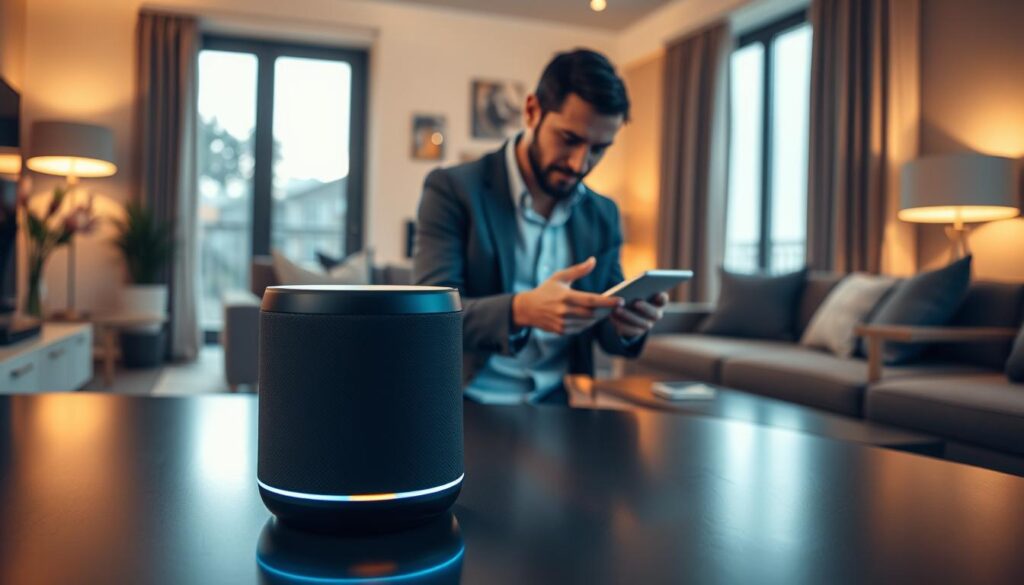 A modern smart speaker sits prominently on a sleek, minimalist desk in the foreground, its design reflecting advanced technology with subtle LED indicators glowing softly. In the middle ground, an individual wearing business casual attire interacts with the device, looking intrigued as they contemplate reminders and alarms. The background features a stylishly decorated living room, bathed in warm, ambient lighting that creates a cozy atmosphere. Large windows allow natural light to filter through, enhancing the serene setting. The image captures the user's approachable expression, emphasizing the convenience and ease of using smart speakers for everyday tasks. The angle is slightly elevated, providing a clear view of both the speaker and the user’s engagement, conveying a sense of modern living integrated with technology. A modern smart speaker sits prominently on a sleek, minimalist desk in the foreground, its design reflecting advanced technology with subtle LED indicators glowing softly. In the middle ground, an individual wearing business casual attire interacts with the device, looking intrigued as they contemplate reminders and alarms. The background features a stylishly decorated living room, bathed in warm, ambient lighting that creates a cozy atmosphere. Large windows allow natural light to filter through, enhancing the serene setting. The image captures the user's approachable expression, emphasizing the convenience and ease of using smart speakers for everyday tasks. The angle is slightly elevated, providing a clear view of both the speaker and the user’s engagement, conveying a sense of modern living integrated with technology.