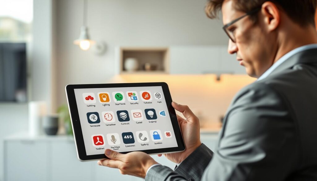 A modern tablet displaying a well-organized collection of smart home apps, including icons for lighting, security, temperature control, and entertainment. The background features a sleek home environment with subtle hints of smart technology, such as smart light bulbs and voice assistants. In the foreground, a user, dressed in professional business attire, is interacting thoughtfully with the tablet, showcasing a focus on assessing their app collection. Soft, natural lighting illuminates the scene, creating a warm and inviting atmosphere. The composition is shot from a slightly elevated angle, enhancing the clarity of the tablet and the organized apps displayed on its screen. The overall mood reflects efficiency and modern living, emphasizing ease of access and management of smart home applications.