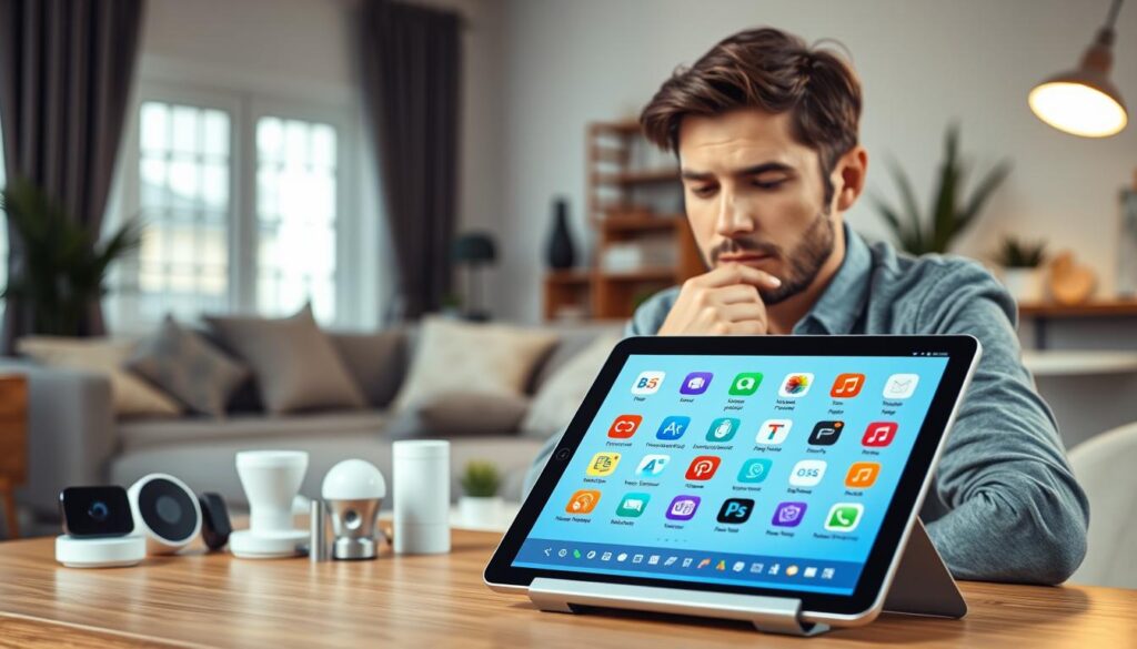 A modern tablet displaying various smart home app icons organized into neat categories on its vibrant screen, placed on a stylish wooden desk. In the foreground, a focused individual in smart casual attire, with a thoughtful expression, is using the tablet to manage the apps, surrounded by smart home devices like a thermostat, light bulbs, and a security camera. In the middle ground, an ambient soft light from a nearby window creates a warm and inviting atmosphere, enhancing the organization theme. The background features a cozy living room, with subtle plants and decorative items, contributing to a sense of home. The image should evoke a sense of efficiency and modern comfort, emphasizing the importance of organizing smart apps.