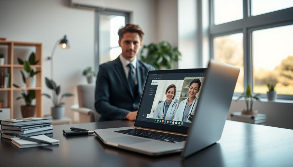 A modern telehealth consultation scene showcasing a healthcare professional in a professional business attire, engaged in a video call with a patient. The foreground features a sleek laptop open on a desk, displaying the healthcare interface with patient data and a virtual video call. In the middle ground, a softly lit office space emphasizes comfort and professionalism, adorned with plants and medical books. The background highlights a calm, serene window view demonstrating a sunny outdoor landscape, symbolizing hope and health. The lighting is warm and inviting, creating a reassuring atmosphere that conveys the benefits of telehealth. Utilize a 35mm lens with a soft focus on the background to ensure the foreground remains the focal point. A modern telehealth consultation scene showcasing a healthcare professional in a professional business attire, engaged in a video call with a patient. The foreground features a sleek laptop open on a desk, displaying the healthcare interface with patient data and a virtual video call. In the middle ground, a softly lit office space emphasizes comfort and professionalism, adorned with plants and medical books. The background highlights a calm, serene window view demonstrating a sunny outdoor landscape, symbolizing hope and health. The lighting is warm and inviting, creating a reassuring atmosphere that conveys the benefits of telehealth. Utilize a 35mm lens with a soft focus on the background to ensure the foreground remains the focal point.
