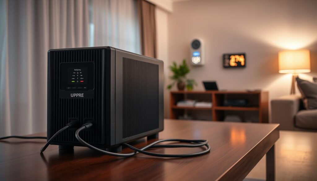 A modern uninterruptible power supply (UPS) unit prominently displayed in a well-lit home setting, positioned on a sleek, dark wooden table. In the foreground, the UPS is neatly designed with a digital display showing battery status, surrounded by power cables organized to maintain a clean aesthetic. In the middle ground, a wall-mounted home security system is visible, with blinking indicator lights suggesting functionality during a power outage. The background features a softly lit room with curtains drawn, creating a warm and secure atmosphere. The image is captured from a slightly elevated angle, enhancing visibility of both the UPS and the security system. Soft, diffused lighting highlights the detail in the equipment while preserving an inviting and comfortable environment.