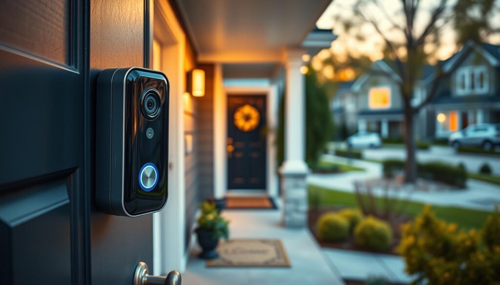 A modern video doorbell mounted on a stylish front door, showcasing sleek design and high-tech features. In the foreground, emphasize the video doorbell with a close-up view, highlighting its camera, motion sensors, and LED indicators. The middle ground features a cozy, well-maintained entryway with decorative plants and a welcome mat, creating an inviting atmosphere. In the background, a suburban neighborhood is softly illuminated by golden hour lighting, creating a warm and peaceful mood. Use a slight tilt-shift effect to focus on the doorbell while artistically blurring the surroundings. The image should evoke a sense of safety and modern technology, perfect for showcasing the benefits of video doorbells in enhancing home security.