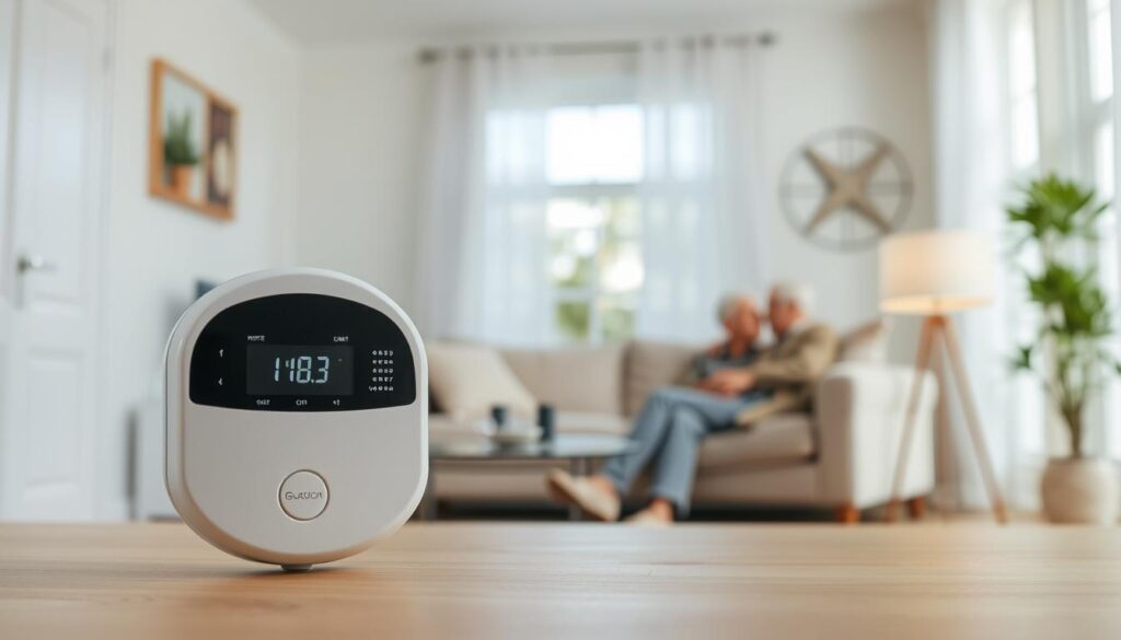 A modern water leak detector prominently displayed in the foreground, showcasing its sleek design and advanced technology features, such as LED indicators and sensors. In the middle ground, demonstrate a high-tech sensor installation in a typical senior home environment, with clear plumbing or water source elements visible, like pipes or walls. The background consists of a softly lit, cozy living space that evokes warmth and safety, adorned with comfortable furniture suggesting a senior-friendly atmosphere. Use bright, natural lighting to emphasize the effectiveness of the detector and portray a sense of security. Aim for a clean, professional composition with a sharp focus on the leak detector and a slight blur on the surroundings to create depth.