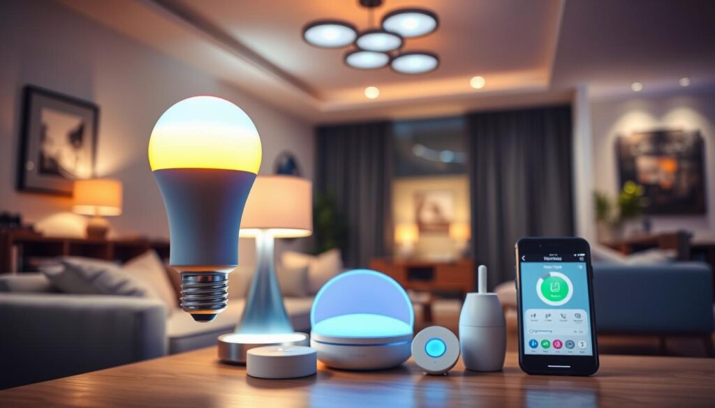A modern, well-lit room showcasing smart lighting technology in action. In the foreground, a sleek smart bulb emits a warm, adjustable glow, displaying its color-changing abilities from cool white to vibrant hues. In the middle, there is a stylish lamp with a touch-sensitive base, embodying contemporary design. Surrounding it are various smart home devices like a wireless hub and mobile app interface displayed on a smartphone screen, indicating intuitive usage. The background features a cozy, elegant living area with automated light fixtures installed in the ceiling, casting soft light that enhances the inviting atmosphere. The scene conveys a sense of innovation and comfort, captured with a soft-focus lens to emphasize the warm ambiance while maintaining a clean, polished look.