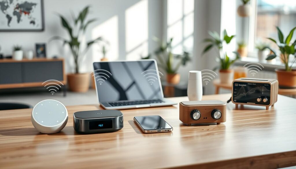 A modern workspace featuring various types of smart hubs prominently displayed on a sleek wooden desk. In the foreground, showcase three distinct smart hub designs: a compact circular hub with LED indicators, a rectangular hub with a touch screen, and a vintage-inspired hub with dials. In the middle ground, include a contemporary laptop and a smartphone connected to the hubs via wireless signals represented by glowing lines. In the background, a softly lit room with a large window casting gentle light, plants in pots, and smart home devices like smart bulbs and speakers. The atmosphere is tech-savvy and inviting, emphasizing innovation and convenience in home automation. Use natural lighting to create a bright and engaging scene.