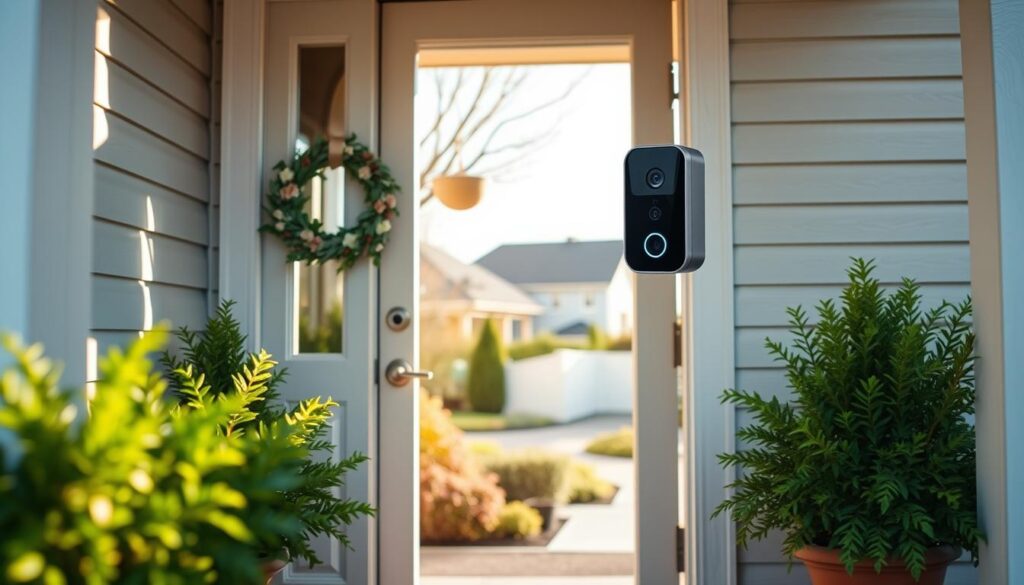 A senior citizen's home entrance featuring a modern doorbell camera, prominently displayed on the door frame. In the foreground, the door is painted a soft pastel color, adorned with a charming wreath. The middle ground highlights the doorbell camera with its sleek, high-tech design, indicating security features like infrared night vision. Lush potted plants flanking the entrance add warmth. In the background, a welcoming suburban neighborhood is visible, bathed in soft morning light, casting gentle shadows. The atmosphere is serene yet vigilant, conveying a sense of safety and modernity. The angle captures the doorbell camera at eye level to emphasize its importance in protecting against potential intruders. No people are present in the scene.