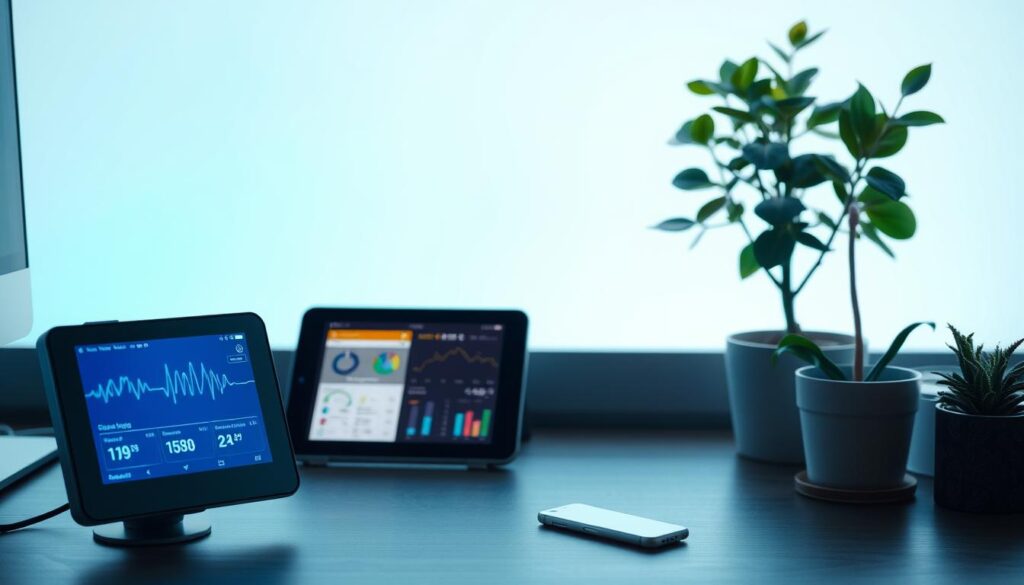 A serene and professional workspace scene featuring a variety of stress monitoring tools, such as a heart rate variability monitor, an app interface displayed on a tablet, and a calming desk plant. In the foreground, include the monitor with an illuminated screen showing heart rate data and stress levels, inviting a sense of focus and technology. In the middle ground, place a tablet with a sleek design showing a user-friendly interface with charts and metrics related to stress monitoring. The background should feature a soft gradient of light blue, creating a calming atmosphere, illuminated by soft, natural light coming from a window. The overall mood should convey tranquility and innovation, ideal for understanding stress management tools.