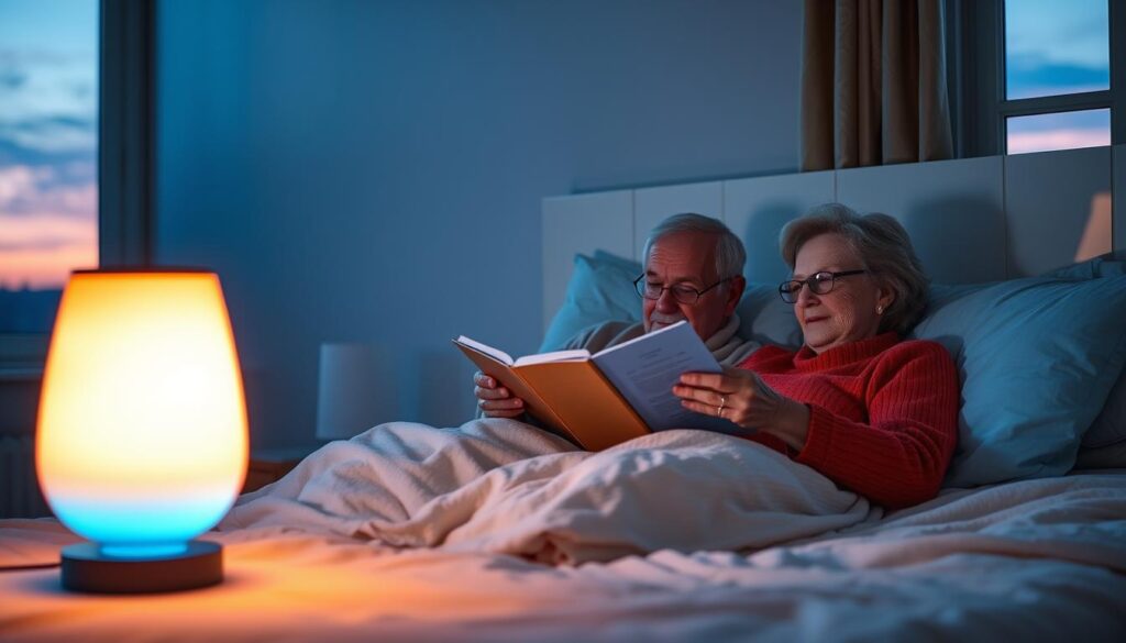 A serene bedroom scene at dusk, showcasing an elderly couple peacefully reading in bed, illuminated by soft, color-adjustable circadian rhythm lighting. In the foreground, the bedside lamp casts a warm, calming glow, transitioning from bright blue to gentle orange hues. The middle ground features the couple, dressed in comfortable loungewear, surrounded by cozy blankets and pillows, their expressions relaxed and content. The background includes a window revealing the twilight sky, hinting at the natural rhythm of day turning into night. The lighting creates a soothing atmosphere that promotes relaxation and sleep. Use a soft focus, with a slight vignette effect to enhance the intimate mood, while ensuring the color palette reflects natural light transitions.