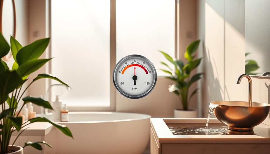 A serene indoor environment highlighting ideal humidity levels for skin health. In the foreground, a well-lit, elegant bathroom with lush green plants, a sleek vanity with skincare products, and a gently running water fountain. In the middle, a hygrometer measuring moisture levels, indicating a comfortable range for skin care. Soft afternoon light streams in through a frosted window, casting gentle shadows and creating a warm, inviting atmosphere. The background showcases calming, neutral tones with subtle design elements that evoke tranquility. The mood is peaceful and nurturing, perfect for illustrating skin health. The scene is devoid of any text or distractions, focusing solely on the concept of humidity and skin well-being.