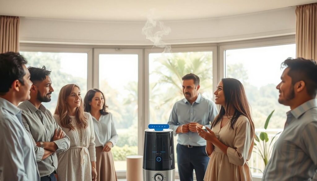 A serene indoor environment illustrating the concept of humidity and its effects on skin health. In the foreground, a diverse group of individuals in modest, professional clothing are seen engaging in a relaxed conversation while observing the moisture-rich atmosphere around them, their skin glowing with health. The middle ground features a stylish humidifier releasing a gentle mist, symbolizing the ideal home humidity levels. In the background, large windows reveal a lush green landscape outside, complementing the calming aesthetics of the room. Soft natural light filters through, casting a warm glow that enhances the overall soothing atmosphere. The image conveys a sense of wellness, comfort, and the importance of maintaining humidity for skin vitality, inviting viewers to consider their environment.