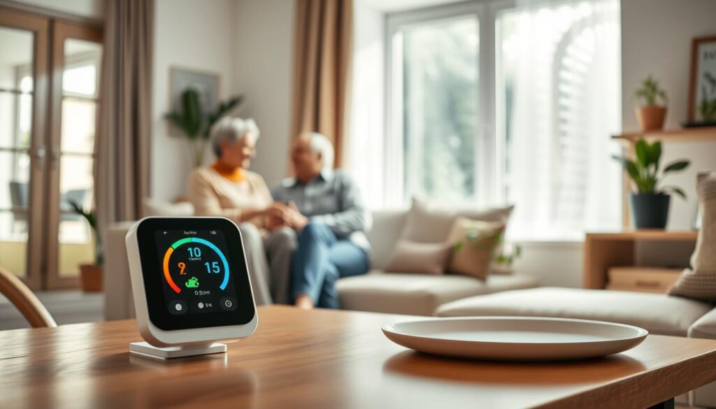 A serene indoor living space showcasing a cozy room with a focus on indoor air quality. Foreground: A modern air quality sensor on a stylish table, displaying colorful air quality readings. Middle: A comfortable seating area with a senior couple dressed in modest casual clothing, engaging in conversation. Background: A bright window allowing soft, natural light to stream in, with indoor plants gently placed on a nearby shelf, symbolizing fresh air. The atmosphere feels calm and inviting, conveying the significance of maintaining good indoor air quality. Use a warm color palette and soft focus to enhance the tranquil mood, with an angle that captures both the sensor and the couple in a harmonious setting.
