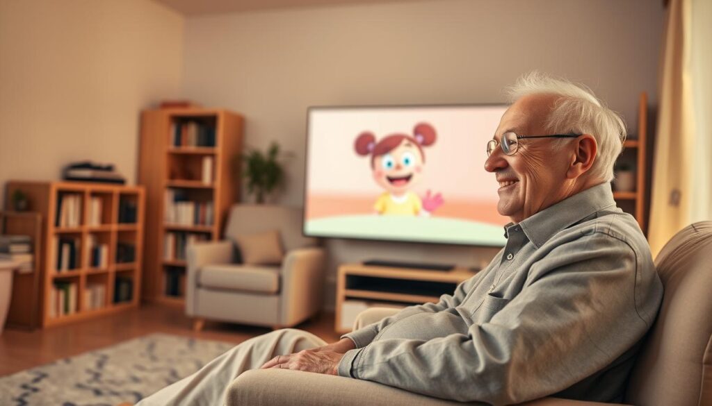 A serene indoor setting depicting an elderly person comfortably seated in a cozy, well-lit living room, engaging with a virtual companion displayed on a large screen. In the foreground, the elderly individual is dressed in modest casual clothing, smiling gently as they interact with the friendly, animated character on the screen. In the middle background, a bookshelf filled with books and a soft armchair create a warm, inviting atmosphere. The lighting is soft and warm, resembling the golden glow of a sunset, casting gentle shadows that enhance the feeling of comfort and companionship. The camera angle is slightly angled downward, focusing on the interaction and expression of joy, indicating a moment of connection and understanding in a digital environment. The image conveys warmth, companionship, and the uplifting power of technology against isolation. A serene indoor setting depicting an elderly person comfortably seated in a cozy, well-lit living room, engaging with a virtual companion displayed on a large screen. In the foreground, the elderly individual is dressed in modest casual clothing, smiling gently as they interact with the friendly, animated character on the screen. In the middle background, a bookshelf filled with books and a soft armchair create a warm, inviting atmosphere. The lighting is soft and warm, resembling the golden glow of a sunset, casting gentle shadows that enhance the feeling of comfort and companionship. The camera angle is slightly angled downward, focusing on the interaction and expression of joy, indicating a moment of connection and understanding in a digital environment. The image conveys warmth, companionship, and the uplifting power of technology against isolation.