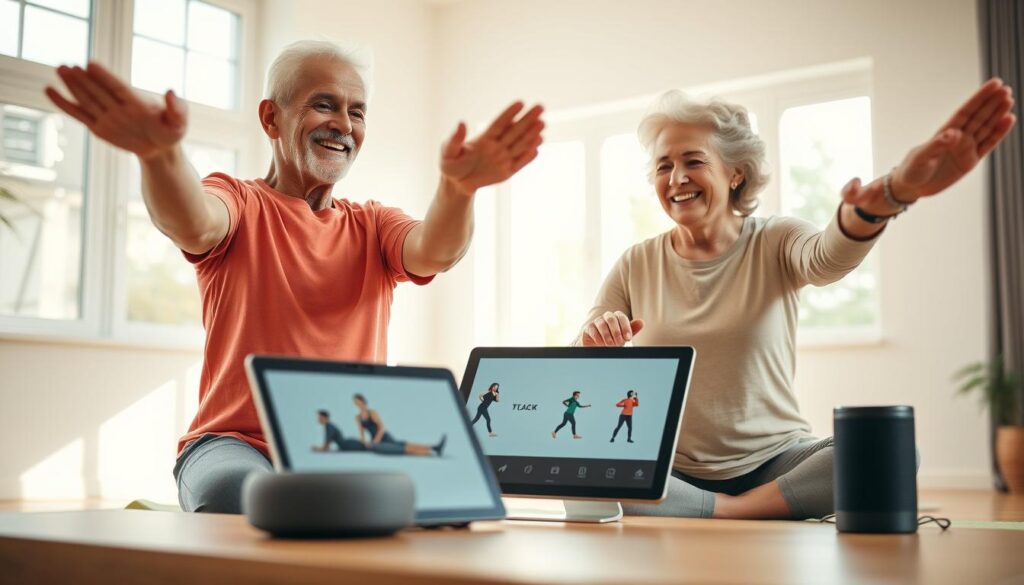A serene indoor setting showcasing a lively elderly couple engaged in low-impact exercises, such as yoga or stretching, with smart devices integrated into the scene. In the foreground, the couple is smiling and wearing modest, colorful athletic clothing. The middle ground features a sleek tablet displaying exercise routines, alongside a smart speaker. The background shows a bright room with large windows allowing natural sunlight to filter in, enhancing the warm, inviting atmosphere. Soft lighting casts gentle shadows, creating a calm environment. The angle is slightly elevated for an encompassing view, emphasizing the joyful interaction between the couple and the technology. The overall mood conveys motivation, health, and connection through smart exercise solutions. A serene indoor setting showcasing a lively elderly couple engaged in low-impact exercises, such as yoga or stretching, with smart devices integrated into the scene. In the foreground, the couple is smiling and wearing modest, colorful athletic clothing. The middle ground features a sleek tablet displaying exercise routines, alongside a smart speaker. The background shows a bright room with large windows allowing natural sunlight to filter in, enhancing the warm, inviting atmosphere. Soft lighting casts gentle shadows, creating a calm environment. The angle is slightly elevated for an encompassing view, emphasizing the joyful interaction between the couple and the technology. The overall mood conveys motivation, health, and connection through smart exercise solutions.