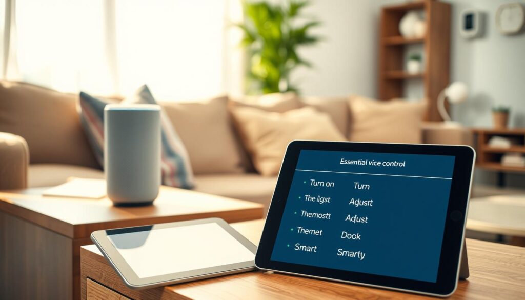 A serene living room setting designed for seniors, featuring a modern smart speaker on a wooden side table. In the foreground, a close-up of a tablet displaying a list of essential voice control phrases for home safety, with phrases like "Turn on the lights," "Adjust the thermostat," and "Lock the doors" clearly visible. The middle ground includes a cozy sofa and a tall plant, creating a welcoming atmosphere. Bright, warm lighting enhances the comfort of the scene, with soft sunlight streaming through a curtained window, casting gentle shadows. The background hints at other smart home devices, such as a smart thermostat and smart bulbs. The overall mood is calm and reassuring, emphasizing safety and accessibility in a senior-friendly environment.