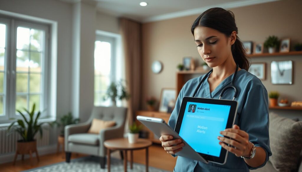 A serene living room setting with soft, natural light coming through large windows. In the foreground, a caregiver, dressed in professional attire, is attentively observing a tablet displaying motion alerts. The middle ground features a cozy armchair with a small table, suggesting a monitored space. A motion sensor device is subtly visible on the wall, emphasizing its importance in monitoring. The background includes warm, inviting decor like plants and family photos, creating a comforting atmosphere. The overall mood is calm and reassuring, highlighting the role of technology in caregiving while ensuring the well-being of loved ones. The angle captures the caregiver's focused expression, blending modern technology with everyday life.